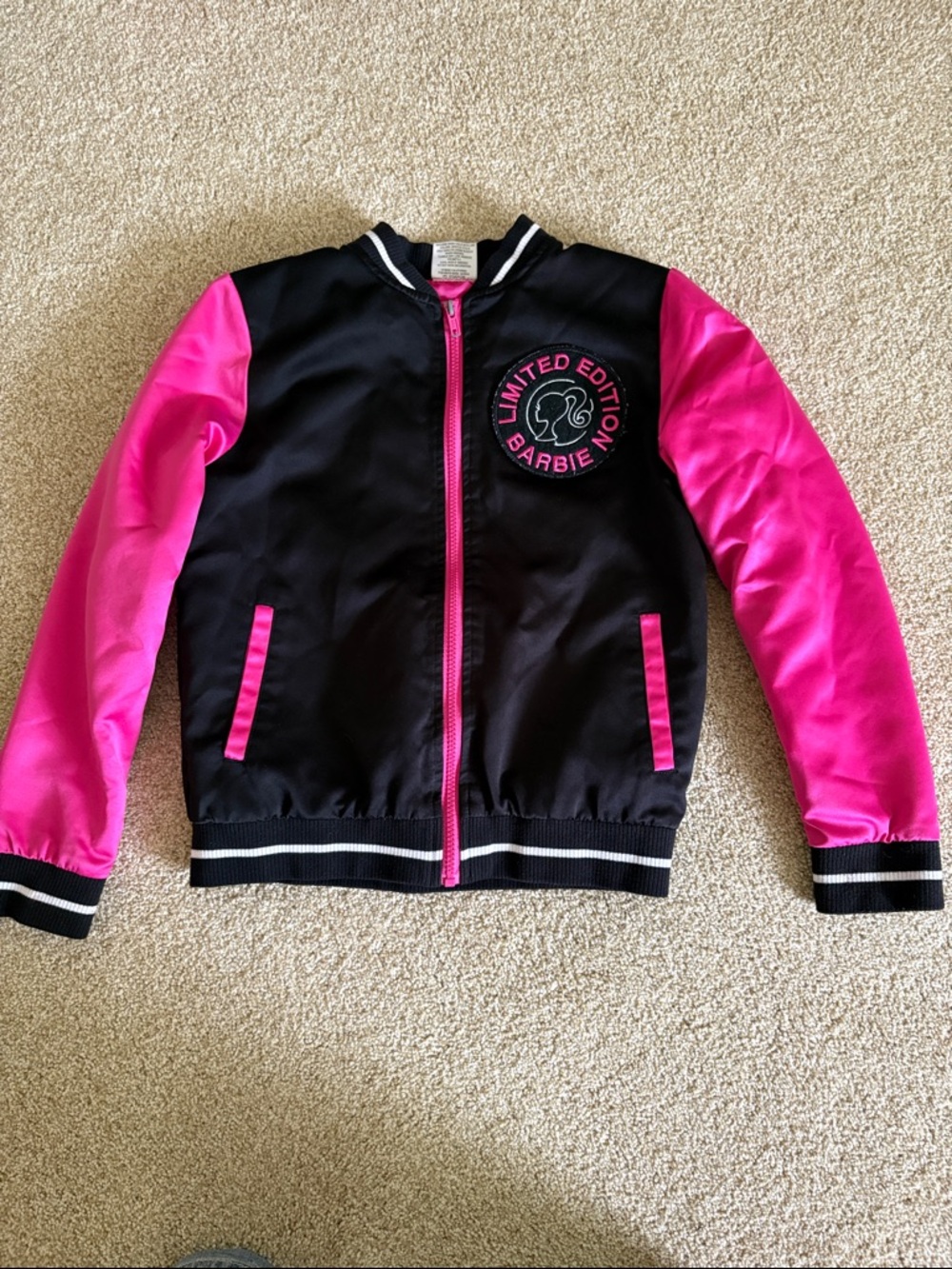 Barbie Black and Hot Pink Satin Bomber Jacket